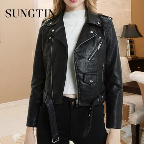 Sungtin Vintage PU Leather Jackets Women with Belt Zipper Korea Moto Punk Faux Leather Jacket Female Fashion High Street Outwear