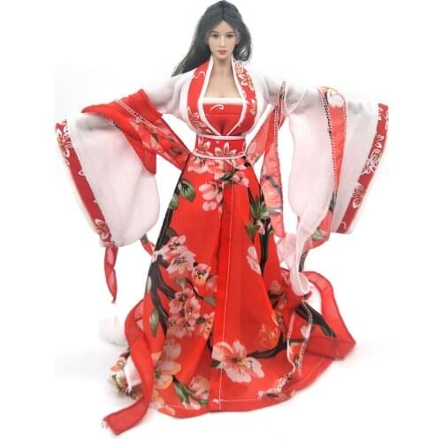 1/6 Scale Red And White Printed Women Han Dynasty Long Dress Models for 12''Figures Body DIY
