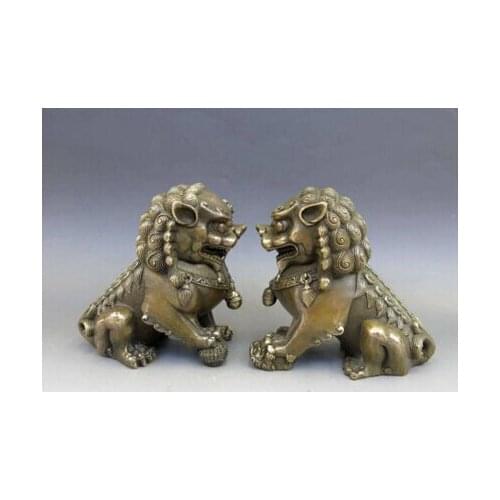 Copper Brass CHINESE crafts Asian A pair of Chinese Animal Feng shui Foo Dog Lion town house Statue sculpture