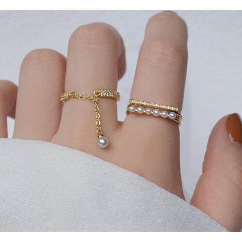 Delicate Jewelry 14K Gold Plated Adjustable Crystal Rings for Women Simple Style Pearl Engagement Rings Set
