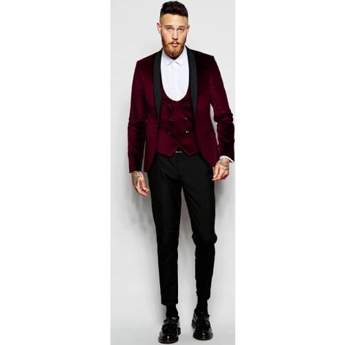 Latest Coat Pant Designs Burgundy Velvet Prom Men Suit Slim Fit 3 Piece Tuxedo Custom Blazer Groom Party Suits Terno Masculino 4