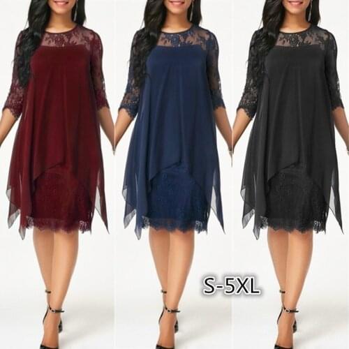 Dress Women Summer New Lace Stitching 7 Minutes Of Sleeve Long knee-length Chiffon Dresses Casual Vestidos BLK2827