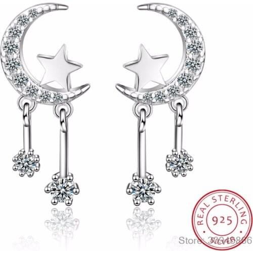 Hot new 925 sterling silver shiny star moon tassel micro inlay earrings simple temperament niche design high quality