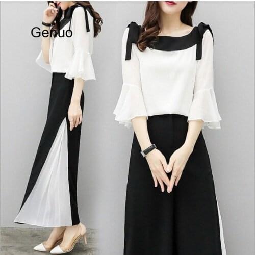 Summer Set Wide Leg Pants Chiffon Suit Two Piece Set Three Quarter Flare Blouse And Pant Suits 2020New Fashion