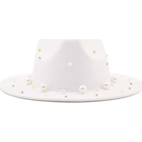 New Women Men Wool Fedora Hat With Big Pearl Gentleman Elegant Lady Winter Autumn Wide Brim Church Panama Sombrero Jazz Cap