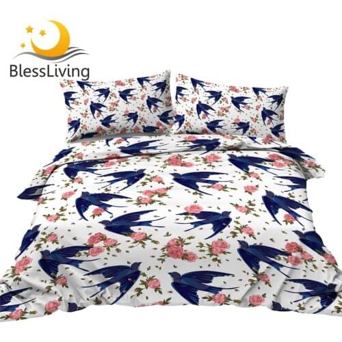 BlessLiving Spring Birds Duvet Cover With Pillowcases Swallow Queen Bedding Set Floral Bedclothes Pink Flower Bed Set 3-Piece