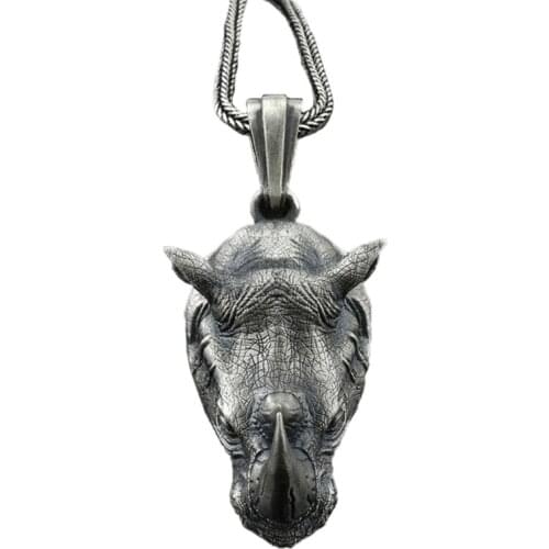 Vintage Norse Rhinoceros Pendant Necklace for Men Biker Punk Rock Animal Rhino Head Pendants with 24 inch Steel Chain