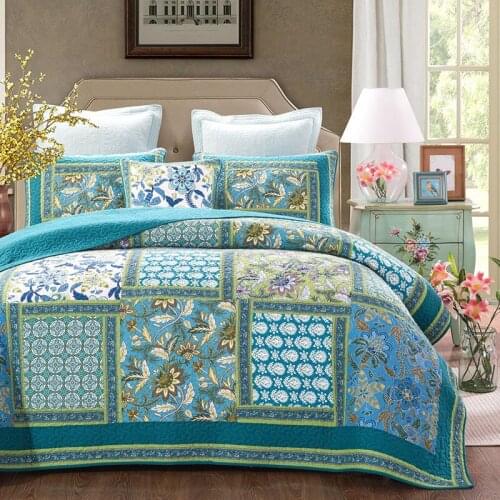 Vintage Patchwork Bedspreads For Bed Cotton Quilts 3pcs Quilted Quilt Set Handmade Bed Cover King Size Coverlet Blue Blanket