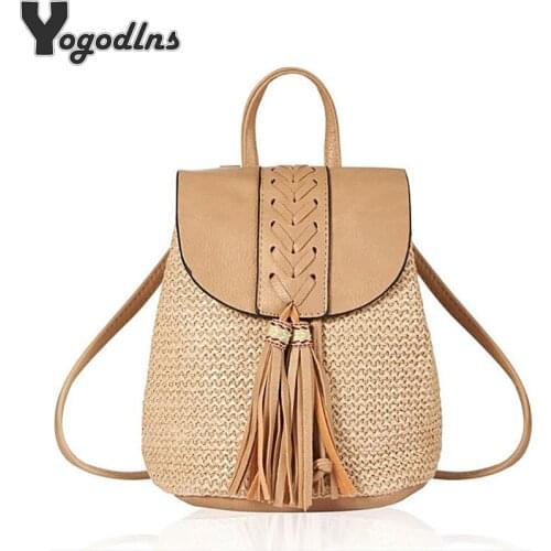 Women Fashion Straw Backpacks Rattan Shoulder Bags for Teenagers Handmade Weave School Bags Casual Summer Beach Handbags Totes
