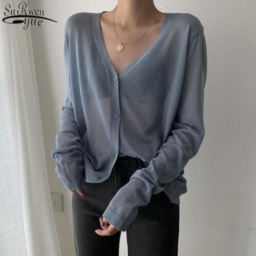 Cardigan Women Korean Long Sleeve Cardigan Summer Cropped Cardigan Knitted V Neck Thin Ice Silk Blouse Sunscreen Shirt 13482