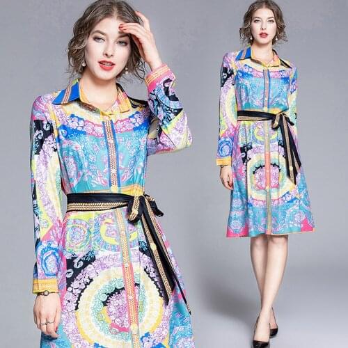 England Style Korean Dress Design Print Single Breasted Shirt Dress Vintage Office Lady Casual Fashion Knee-Length Party Dresses
