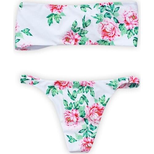 2019 Sexy Womens Floral Printing Off Shoulder Lace-up Padded Wireless Two Pieces Swimwear Bathing suit