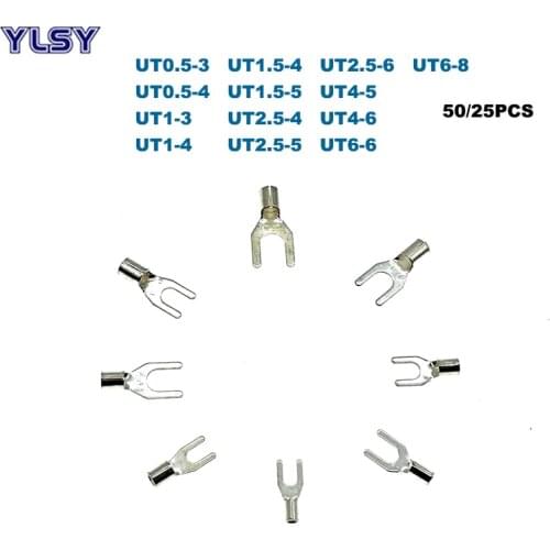 50/25Pcs Non-insulated Spade Terminal Electric Fork Naked Crimp Terminales UT0.5-3~UT6-8 Wire Cable Connector 22-10AWG 0.5~6mm2