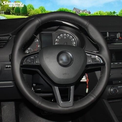 Shining wheat Black Leather Car Steering Wheel Cover for Skoda Octavia 2017 Fabia 2016-17 Rapid Spaceback 2016 Superb (3-Spoke)