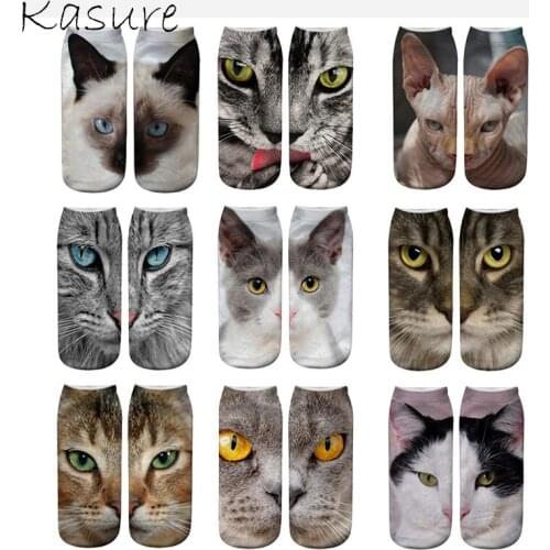 KASURE 3D Printed Cute Cat Face Ankle Socks New Fashion Funny Animal Unisex Low Cut Socks Women Men Creative Pet Soft Harajuku