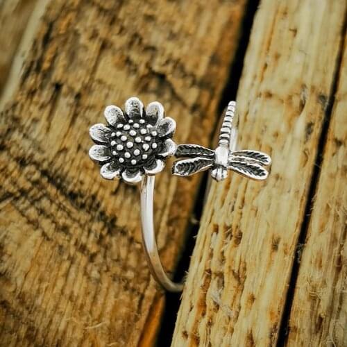 Vintage Metal Thin Wedding Ring Charm Female Flower Dragonfly Open Ring Classic Silver Color Engagement Rings For Women Jewelry