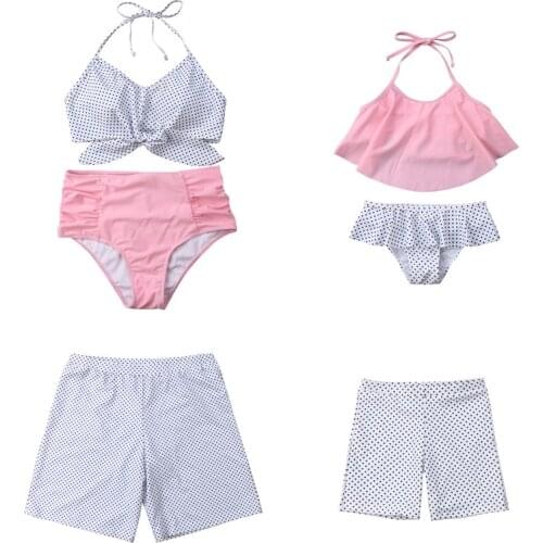 2019 Family match swimsuit Dot print bandage biquinis swimming trunks Mom Dad Boy Girl Lovely bikinis High waist bathing Vintage
