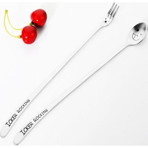 Long Handle Fruit Fork Smiling Face Ice Spoon Bar Restaurant Drinking Tools Stainless Steel Mixing Spoon Lovely Tableware 1set