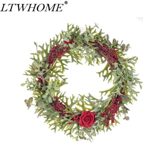 LTWHOME Artificial Handmade Christmas Wreath with Roses, Berries, Eucalyptus Leaves for Home, Model: WHCM