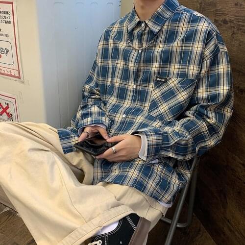 2020 Mens Lattice Printing Coats Loose Long Sleeve Shirt Orange/blue Color Hawaiian Fashion Shirts Clothes Camisa Masculina