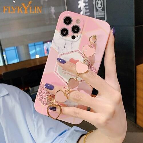 Soft Silicone Geometric Marble Case For iPhone 11 12 Pro X XR XS Max 7 8 Plus SE 2020 Phone Back Cover With Love Heart Bracelet