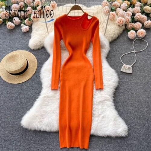 2021 Autumn Women Knitted Bodycon Dresses Long Sleeve Hollow Out Sexy Party Dress Slim Elastic Winter Basic Midi Dress