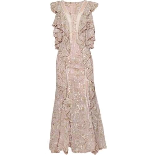 Sequined Long Dress 2021 Summer Wedding Party Women Appliques Embroidery Sexy Tulle Mesh Patchwork Sexy Backless Dress Maxi