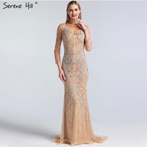 Dubai Designer Luxury Illusion Sexy Prom Dresses 2020 Nude Long Sleeve Beading Sequined Prom Gowns Real Photo BLA60775
