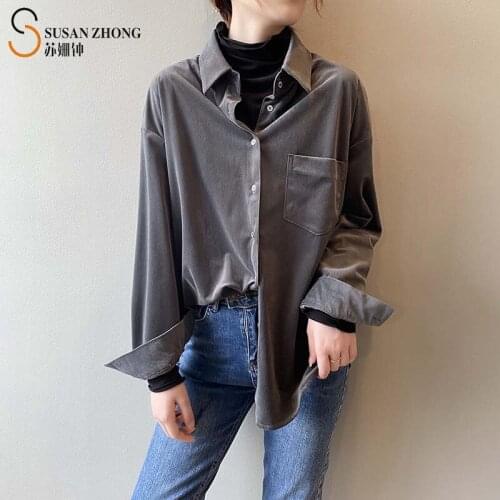 Women Shirts Female Blouse Ladies Tops Autumn Winter Loose Corduroy Turn-Down Collar Button Cuff Batwing Sleeve Pocket Vintage