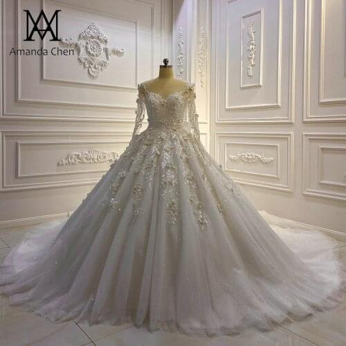 Trouwjurk Long Sleeves Lace Appliques 3D Flowers Wedding Dress