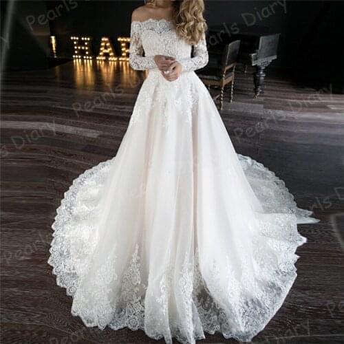 Fascinating Beach Sweep Train Wedding Dresses 2020 Beading Lace Applique Bridal Gowns Off Shoulder Bride Dress Vestidos de Noiva