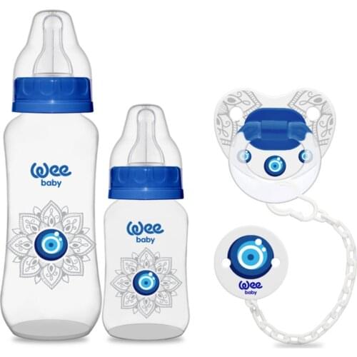 Wee Baby Patterned Evil Eye Bead Product Set Newborn Gift Two Feeding Bottles Orthodontic Soother and Chain Made in Turkey