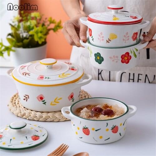 Japanese Ceramic Hand Painted Binaural Instant Noodle Rice Bowl with Lid Soup Pot Cute Breakfast Milk Steamed Egg Bowl Tableware