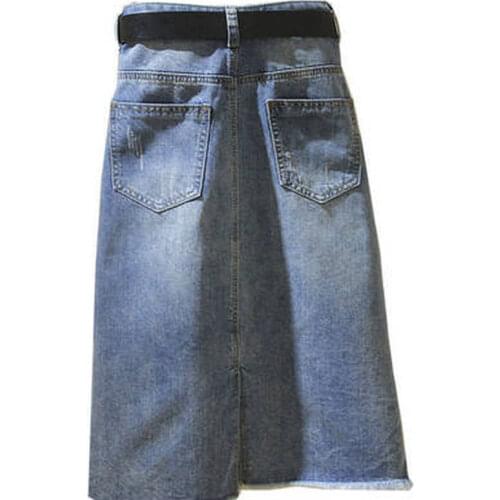 Womens Ripped Distressed Denim Stonewashed Stretch High Waist Knee Length Denim A-Line Skirt Jeans Skirt