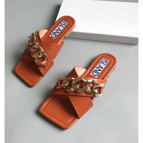 Bailamos Women Square Toe Slippers Flats Shoe Women Fashion Brand Metal Chain Low Heels Slippers Summer Casual Outdoor Shoes Sli
