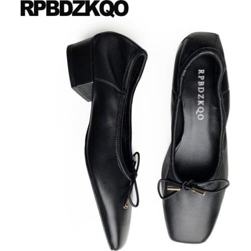 Bow chunky block luxury brand 2019 ladies shoes square toe fashion slip on thick leather pumps low heels black size 4 34 genuine