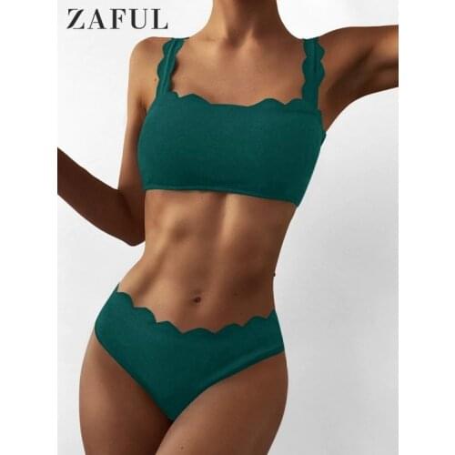 ZAFUL Textured Lace-up Scalloped Bikini Set 2 Piece Swimsuit Summer Women Padded Badange Swimwear Female Sexy Beach Bathing Suit