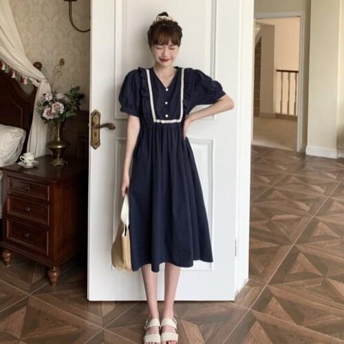 Retro student short-sleeved dress female summer 2021 new skirt temperament Korean waist mid-length skirt