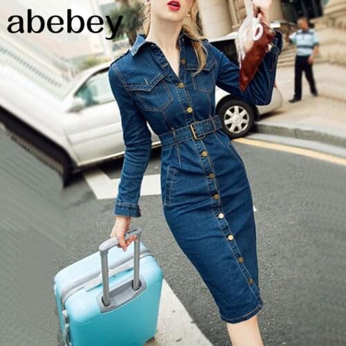 35& Jeans Dress Denim Dresses Winter Office Slim Jeans Long Sleeve Mid-Cuff Denim with Belt for Women Jeans Dress Long Dress