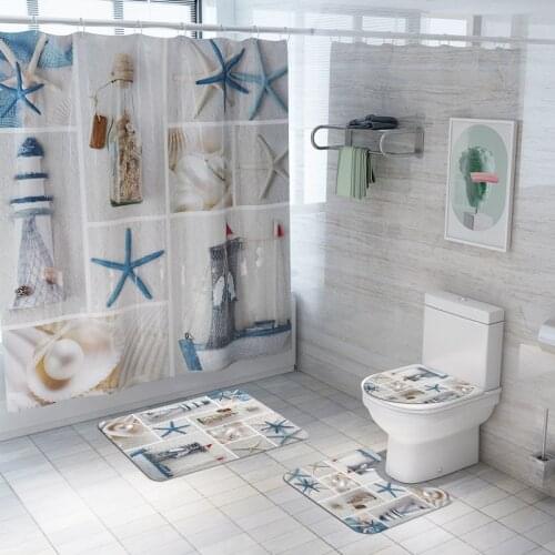 1/3/4pcs Starfish Conch Beach 3D Bathroom Mats Rugs Set Non-Slip Quickly Dry Soft Toilet Bath Cover Waterproof Shower Curtain
