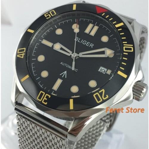 BLIGER 41mm Top Luxury Automatic Watch Silver Case Sapphire Glass Ceramic Bezel Sterile Black Dial Date Luminous Mens Watch