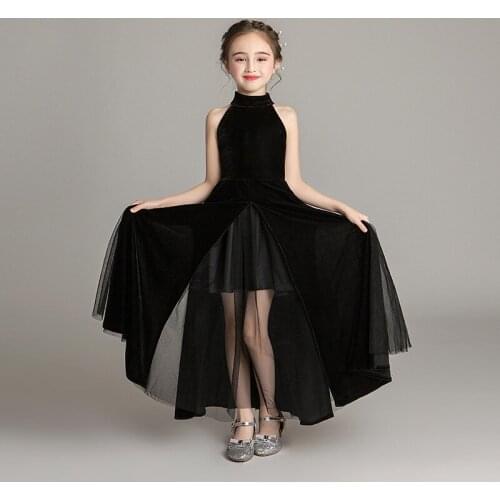 Black Velvet Long Party Dresses Evening Princess Children Chinese Cheongsam Dress China Qipao Sleeveless Piano Girl Costume