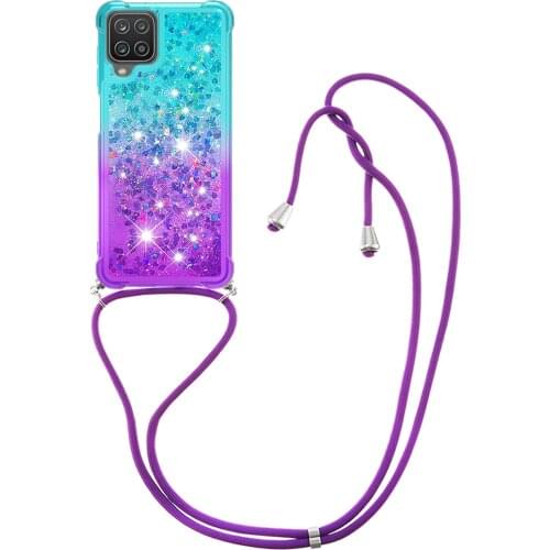Gradient Crossbody Phone Straps Case For Samsung Galaxy A12 Glitter Liquid Quicksand Air Cushion Reinforced Corners Cover