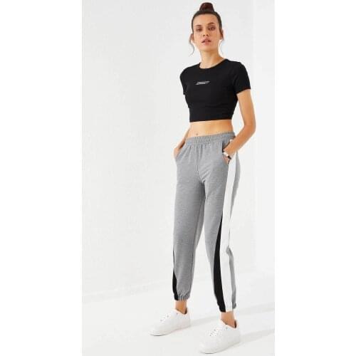 Womens Two Color Garnish Gray Melange Elastic Leg Tracksuit Bottom Casual Wear Sport Women Pants Casual Cotton Outfits