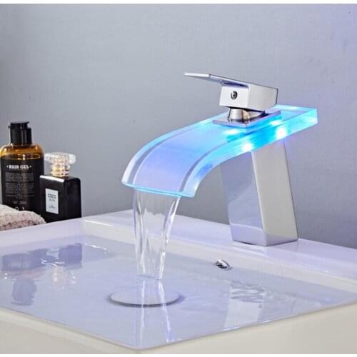 Basin Faucet Brass Waterfall Temperature Colors Change Bathroom Mixer Tap Deck Mounted Wash Sink Glass Taps Hot And Cold Tap