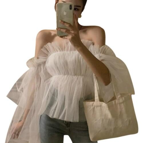 Summer Fairy Slash Neck Chiffon Ruffles Blouses Off Shoulders Flare Sleeve Mesh Gauze Spliced Pleated Shirt Sexy Tube Tops 2019