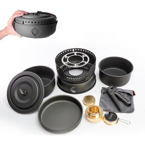 10PCS Stainless Steel Cookware Alcohol Stove Set Portable Outdoor Camping Cycling Hiking Picnic Cooking Pot Bowl Pan 2-4 Person