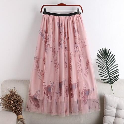 2020 Autumn and winter new high waist slimming double-layer mesh art letter printing Skirt Women Elastic High Waist Skirts