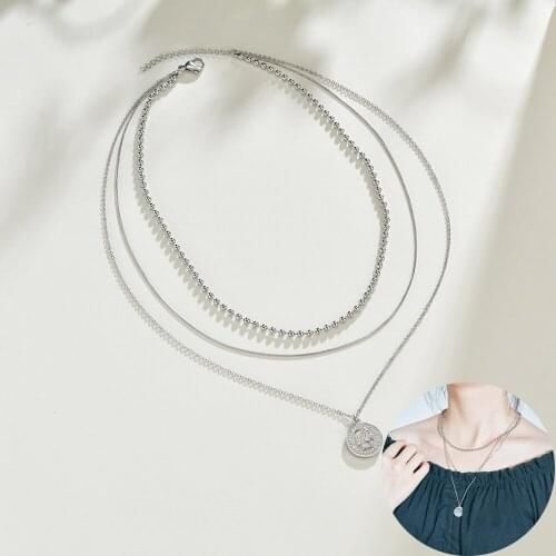 Acheerup New Fashion Stainless Steel Necklace For Women Three Layers Elizabeth Pendant Necklace Chain Silver Jewelry Party Gifts