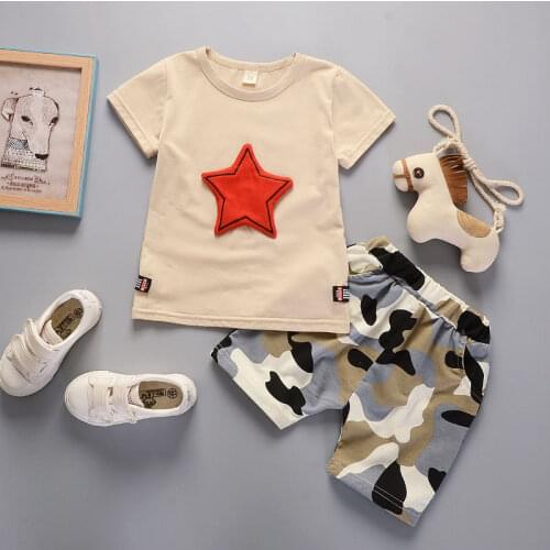 New Fashion Boys Clothing Five-pointed Star Top + Camouflage Pant 2 Pcs Clothing Sets Girl Cotton Clothes Kids Children Clothing